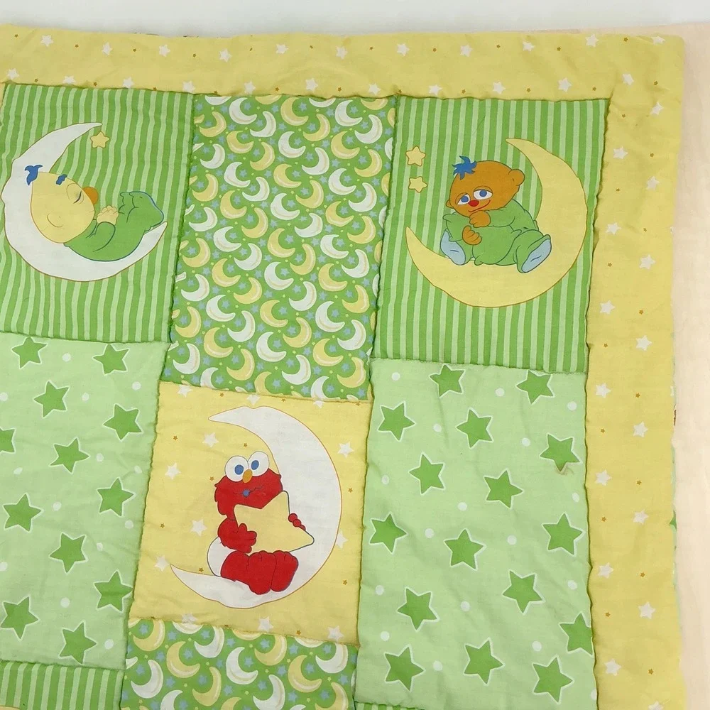 Vintage 90s Sesame Street Baby Quilt Toddler Green Yellow Elmo Big Bird 32